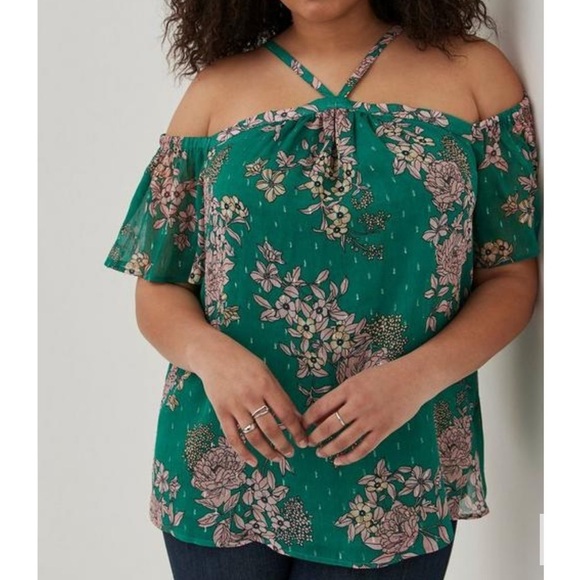 TORRID Cold Shoulder Halter Top Crinkle Chiffon Floral Green Size 2 NEW - Picture 2 of 14